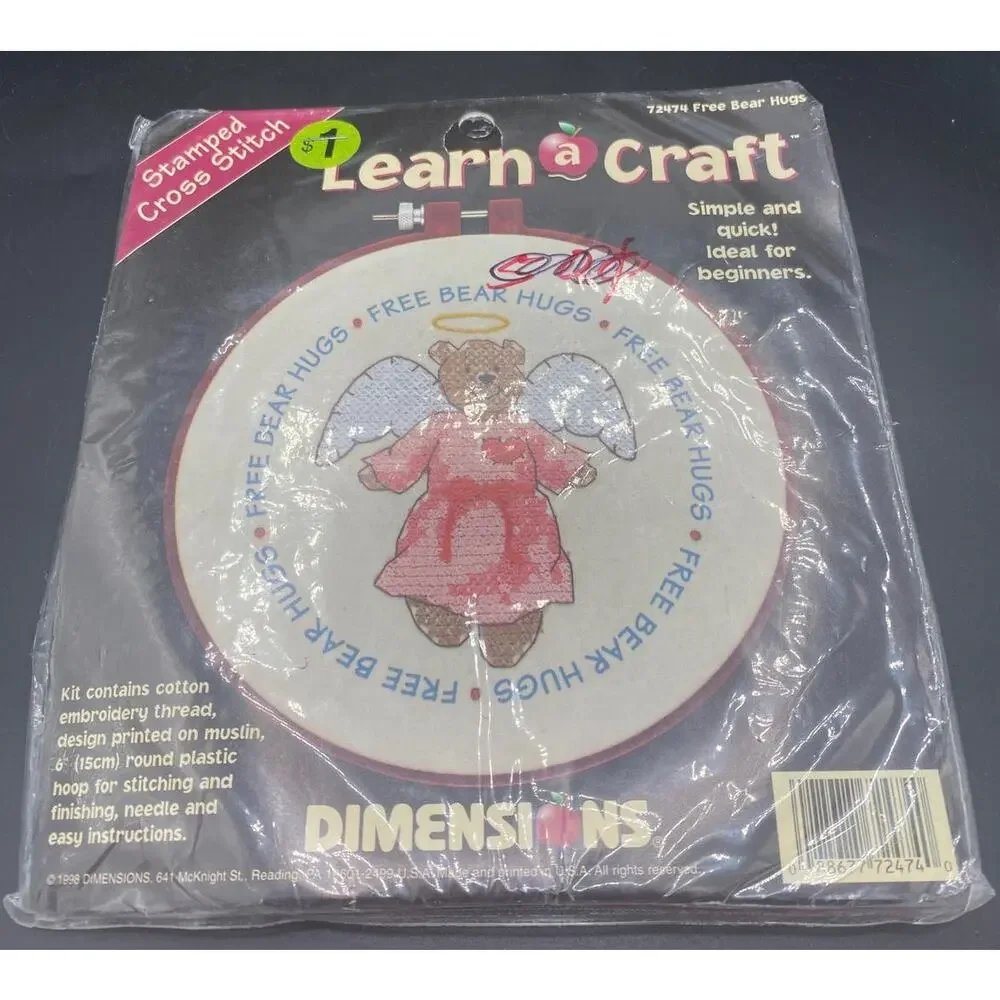 Dimensions #72474 FREE BEAR HUGS Learn A Craft Stamped Cross Stitch Kit New 1998